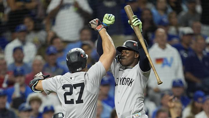 New York Yankees designated hitter Giancarlo Stanton (27) celebrates with New York Yankees third base Jazz Chisholm Jr. New York Yankees designated hitter Giancarlo Stanton (27) celebrates with New York Yankees third base Jazz Chisholm Jr.