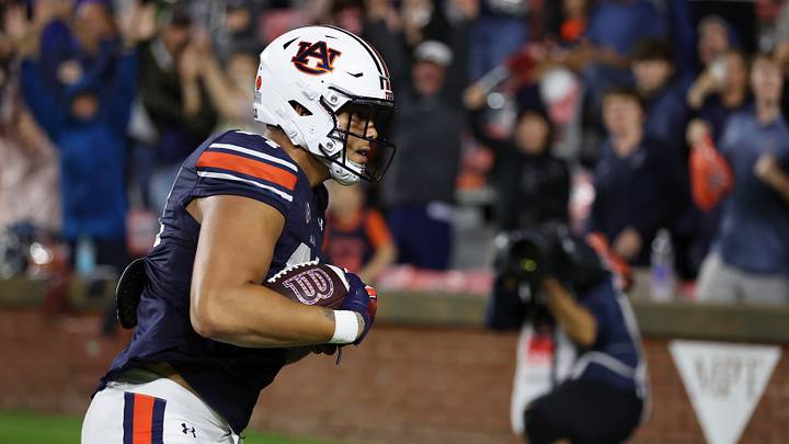 Sep 14, 2024; Auburn, Alabama, USA; Auburn Tigers tight end Micah Riley (84) catches a touchdown pass during the third quarter against the New Mexico Lobos at Jordan-Hare Stadium. Mandatory Credit: John Reed-Imagn Images Sep 14, 2024; Auburn, Alabama, USA; Auburn Tigers tight end Micah Riley (84) catches a touchdown pass during the third quarter against the New Mexico Lobos at Jordan-Hare Stadium. Mandatory Credit: John Reed-Imagn Images