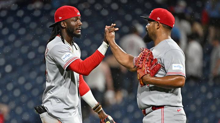 May 19, 2026; Philadelphia, Pennsylvania, USA; Cincinnati Reds shortstop Elly de la Cruz (44) and pitcher Tony Santillan (64) celebrate win against the Philadelphia Phillies at Citizens Bank Park. Mandatory Credit: Eric Hartline-Imagn Images May 19, 2026; Philadelphia, Pennsylvania, USA; Cincinnati Reds shortstop Elly de la Cruz (44) and pitcher Tony Santillan (64) celebrate win against the Philadelphia Phillies at Citizens Bank Park. Mandatory Credit: Eric Hartline-Imagn Images