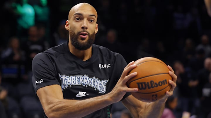 Jan 6, 2026; Minneapolis, Minnesota, USA; Minnesota Timberwolves center Rudy Gobert (27) prepares to play the Miami Heat before the game at Target Center.