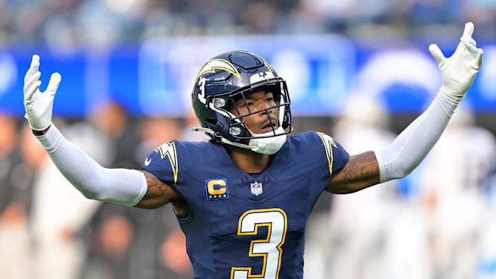 Nov 30, 2025; Inglewood, California, USA; Los Angeles Chargers safety Derwin James Jr. (3) reacts against the Las Vegas Raiders during the first half at SoFi Stadium. Mandatory Credit: Jayne Kamin-Oncea-Imagn Images