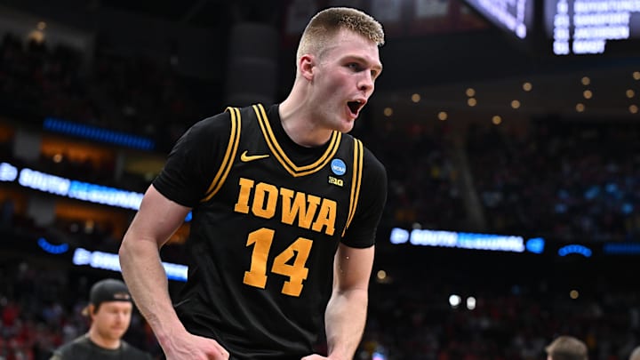 Mar 26, 2026; Houston, TX, USA;Iowa Hawkeyes guard Bennett Stirtz (14) reacts after beating the Nebraska Cornhuskers during a Sweet Sixteen game of the South Regional of the men's 2026 NCAA Tournament at Toyota Center. Mandatory Credit: Maria Lysaker-Imagn Images