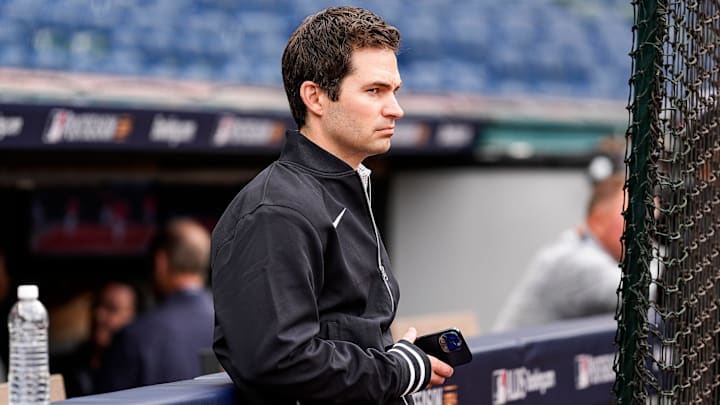 Detroit Tigers president of baseball operations Scott Harris watches warm up before Game 2 of ALDS at Progressive Field in Cleveland, Ohio on Monday, Oct. 7, 2024. Detroit Tigers president of baseball operations Scott Harris watches warm up before Game 2 of ALDS at Progressive Field in Cleveland, Ohio on Monday, Oct. 7, 2024.