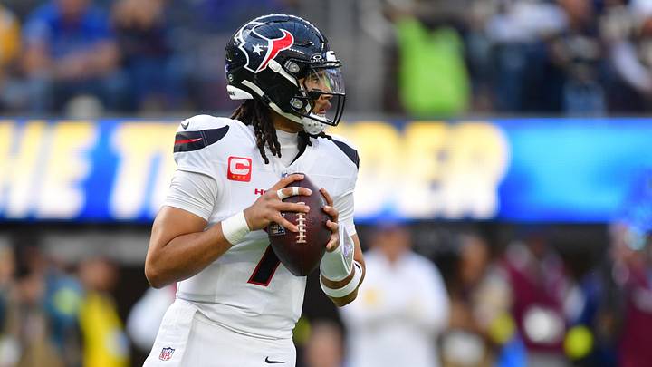 Dec 27, 2025; Inglewood, California, USA;  Houston Texans quarterback C.J. Stroud (7) stands in the pocket against the Los Angeles Chargers during the first half at SoFi Stadium. Mandatory Credit: Gary A. Vasquez-Imagn Images