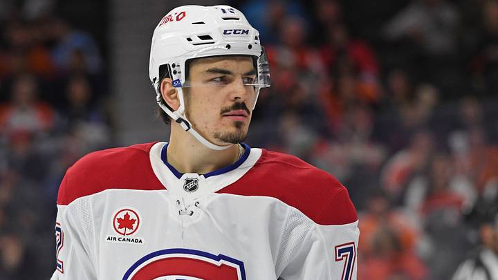 Oct 27, 2024; Philadelphia, Pennsylvania, USA; Montreal Canadiens defenseman Arber Xhekaj (72) against the Philadelphia Flyers at Wells Fargo Center. Mandatory Credit: Eric Hartline-Imagn Images