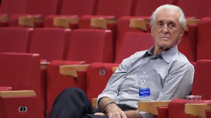 Dec 6, 2021; Miami, Florida, USA; Miami Heat president Pat Riley sits in the arena prior to the game between the Miami Heat and the Memphis Grizzlies at FTX Arena. Mandatory Credit: Jasen Vinlove-Imagn Images