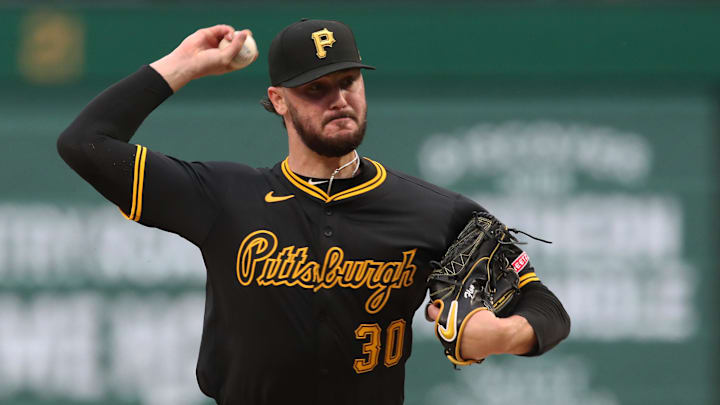 Apr 14, 2025; Pittsburgh, Pennsylvania, USA;  Pittsburgh Pirates starting pitcher Paul Skenes (30) delivers a pitch against the Washington Nationals during the first inning at PNC Park. Mandatory Credit: Charles LeClaire-Imagn Images