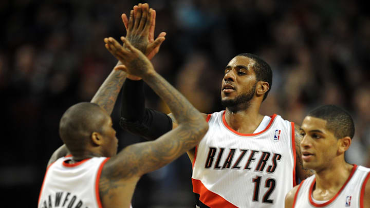 April 1, 2012; Portland, OR, USA; Portland Trail Blazers power forward LaMarcus Aldridge (12) celebrates with Portland Trail Blazers guard Jamal Crawford (11) as he heads to the bench during a time out during the fourth quarter of the game against the Minnesota Timberwolves at the Rose Garden. Aldridge scored 26 points a the Blazers won the game 119-106. Mandatory Credit: Steve Dykes-Imagn Images April 1, 2012; Portland, OR, USA; Portland Trail Blazers power forward LaMarcus Aldridge (12) celebrates with Portland Trail Blazers guard Jamal Crawford (11) as he heads to the bench during a time out during the fourth quarter of the game against the Minnesota Timberwolves at the Rose Garden. Aldridge scored 26 points a the Blazers won the game 119-106. Mandatory Credit: Steve Dykes-Imagn Images