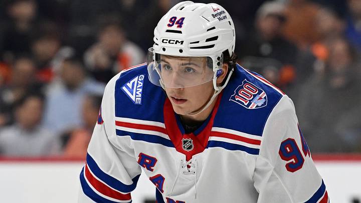 Mar 9, 2026; Philadelphia, Pennsylvania, USA; New York Rangers right wing Gabe Perreault (94) against the Philadelphia Flyers at Xfinity Mobile Arena. Mar 9, 2026; Philadelphia, Pennsylvania, USA; New York Rangers right wing Gabe Perreault (94) against the Philadelphia Flyers at Xfinity Mobile Arena.