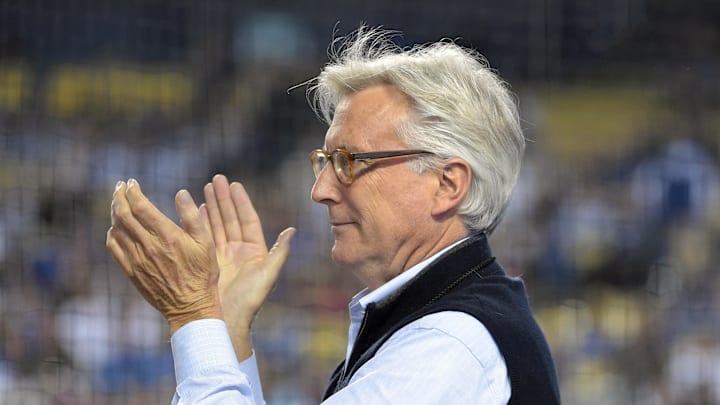 Apr 13, 2016; Los Angeles, CA, USA; Los Angeles Dodgers owner and chairman Mark Walter reacts during a MLB game against the Arizona Diamondbacks at Dodger Stadium. The Dodgers defeated the Diamondbacks 3-1.  Mandatory Credit: Kirby Lee-Imagn Images