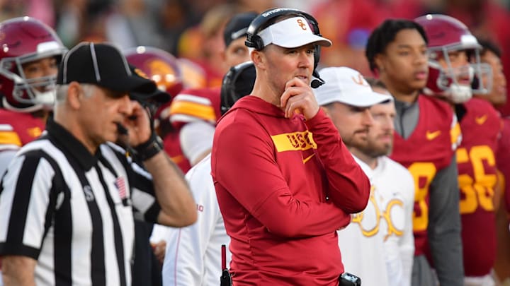 Nov 16, 2024; Los Angeles, California, USA; Southern California Trojans head coach Lincoln Riley watches game action against the Nebraska Cornhuskers during the second half at the Los Angeles Memorial Coliseum. Mandatory Credit: Gary A. Vasquez-Imagn Images