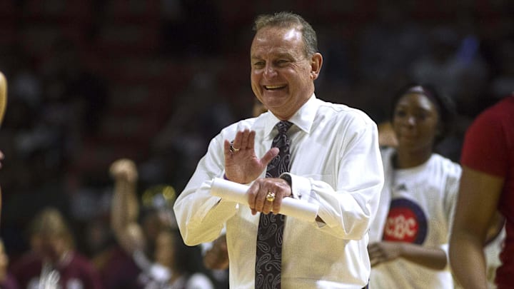 Mar 10, 2019; Greenville, SC, USA; Mississippi State head coach Vic Schaefer reacts during the second half against the Arkansas Razorbacks in the championship game of the women's SEC Conference Tournament at Bon Secours Wellness Arena. The Bulldogs won 101-70. Mandatory Credit: Joshua S. Kelly-Imagn Images