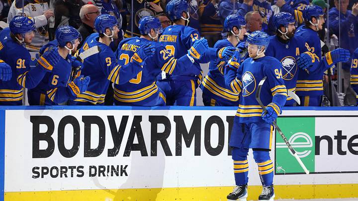 May 14, 2026; Buffalo, New York, USA; Buffalo Sabres center Konsta Helenius (94) celebrates his goal with teammates during the first period against the Montréal Canadiens in game five of the second round of the 2026 Stanley Cup Playoffs at KeyBank Center. Mandatory Credit: Timothy T. Ludwig-Imagn Images