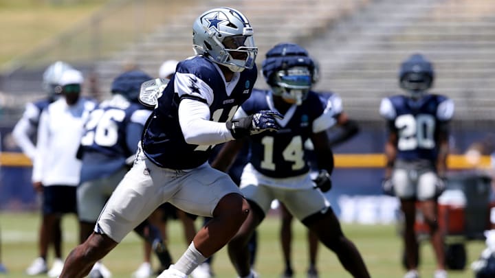 Dallas Cowboys linebacker Micah Parsons defends during training camp in Oxnard, California. 