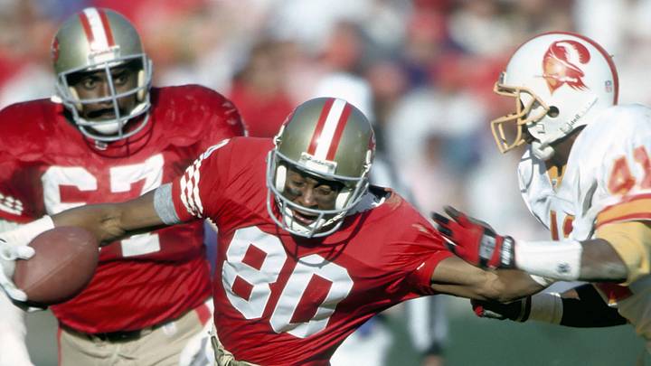 Dec 19, 1992; San Francisco, CA, USA; FILE PHOTO; San Francisco 49ers receiver #80 JERRY RICE in action against the Tampa Bay Buccaneers at Candlestick Park. The 49ers defeated the Bucs 21-14. 