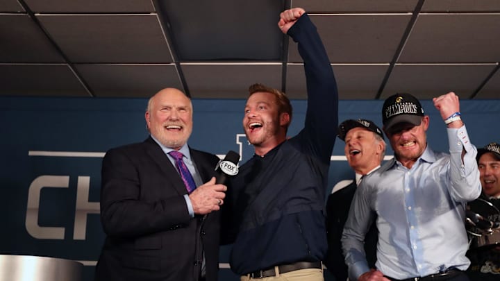 Jan 20, 2019; New Orleans, LA, USA; Los Angeles Rams head coach Sean McVay celebrates in the locker room with general manager Les Snead while interview by Fox sports reporter Terry Bradshaw after a victory in the NFC Championship game against the New Orleans Saints at Mercedes-Benz Superdome. Mandatory Credit: Matthew Emmons-Imagn Images Jan 20, 2019; New Orleans, LA, USA; Los Angeles Rams head coach Sean McVay celebrates in the locker room with general manager Les Snead while interview by Fox sports reporter Terry Bradshaw after a victory in the NFC Championship game against the New Orleans Saints at Mercedes-Benz Superdome. Mandatory Credit: Matthew Emmons-Imagn Images