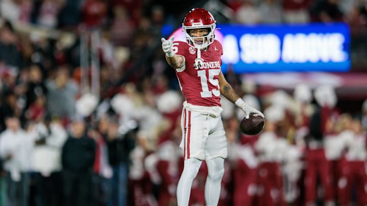 Nov 23, 2024; Norman, Oklahoma, USA; Oklahoma Sooners wide receiver Brenen Thompson (15) reacts after a play during the second quarter against the Alabama Crimson Tide at Gaylord Family-Oklahoma Memorial Stadium. Mandatory Credit: William Purnell-Imagn Images