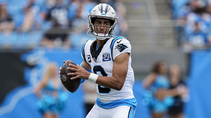 Sep 15, 2024; Charlotte, North Carolina, USA; Carolina Panthers quarterback Bryce Young (9) throws against the Los Angeles Chargers during the second half at Bank of America Stadium.