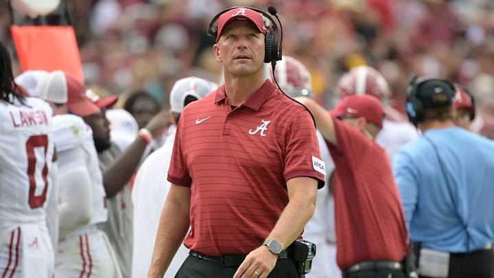 Aug 30, 2025; Tallahassee, Florida, USA; Alabama Crimson Tide head coach Kalen DeBoer looks on against the Florida State Seminoles during the second half at Doak S. Campbell Stadium. Mandatory Credit: Melina Myers-Imagn Images