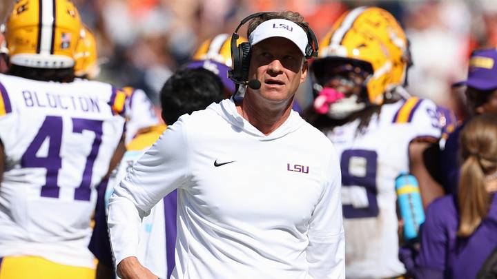 LSU Tigers head coach Lane Kiffin looks on during the second quarter against the Auburn Tigers at Jordan-Hare Stadium.  