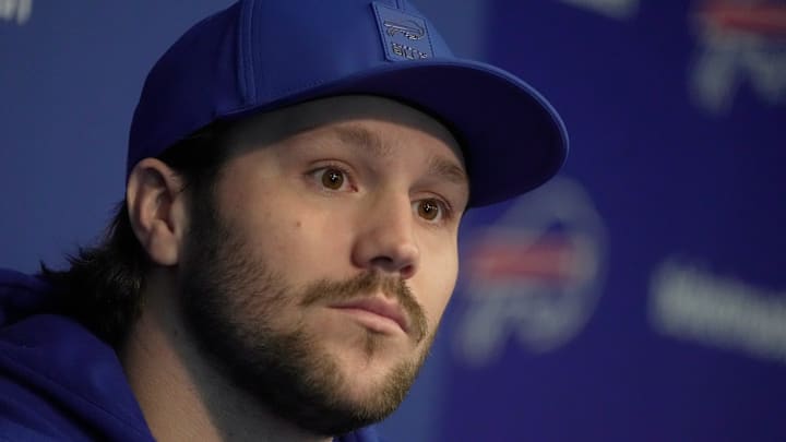Bills quarterback Josh Allen answers a range of questions after the press conference introducing Joe Brady as the new head coach at the Bills field house in Orchard Park on Jan. 29, 2026.