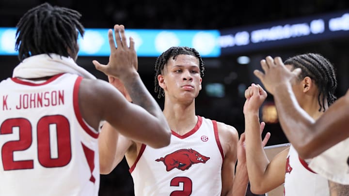 Dec 3, 2022; Fayetteville, Arkansas, USA; Arkansas Razorbacks forward Trevon Brazile (2) celebrates
