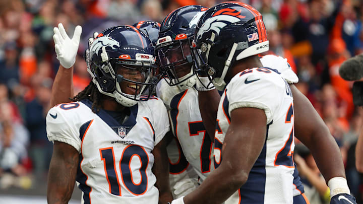 Oct 30, 2022; London, United Kingdom, Denver Broncos wide receiver Jerry Jeudy (10) celebrates after