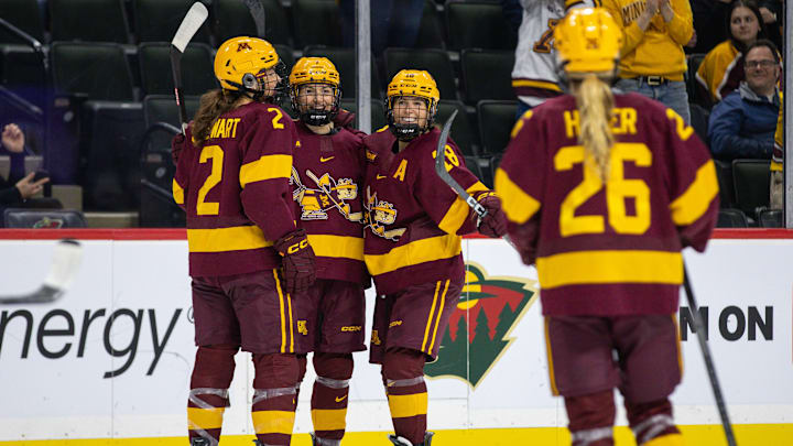 Gophers players Taylor Stewart (2), Nelli Laitinen, center, Abbey Murphy and Ella Huber (26) celebrate Murphy's goal against St. Thomas on Oct. 13, 2023, at Xcel Energy Center in St. Paul, Minn. Gophers players Taylor Stewart (2), Nelli Laitinen, center, Abbey Murphy and Ella Huber (26) celebrate Murphy's goal against St. Thomas on Oct. 13, 2023, at Xcel Energy Center in St. Paul, Minn.