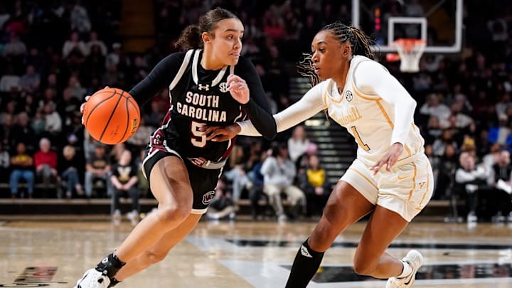 South Carolina guard Tessa Johnson (5) bolts past Vanderbilt guard Mikayla Blakes (1) during the third quarter at Memorial Gym in Nashville, Tenn., Sunday, Feb. 23, 2025.