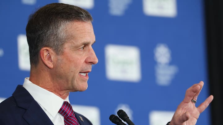 New York Giants head coach John Harbaugh speaks at the press conference announcing his hiring at Quest Diagnostics Training Center.