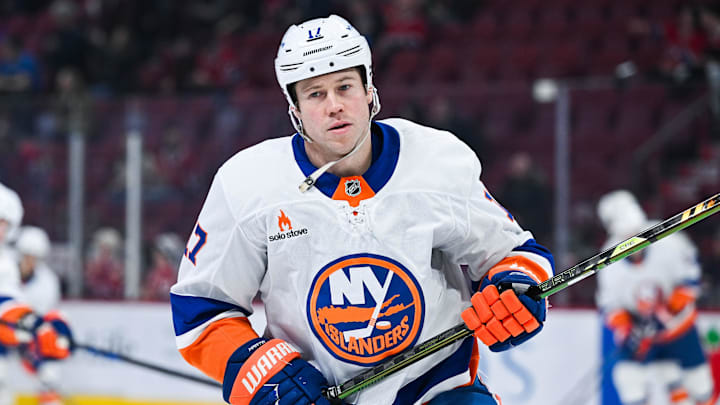 New York Islanders left wing Matt Martin looks on during warm-up before the game against the Montreal Canadiens.