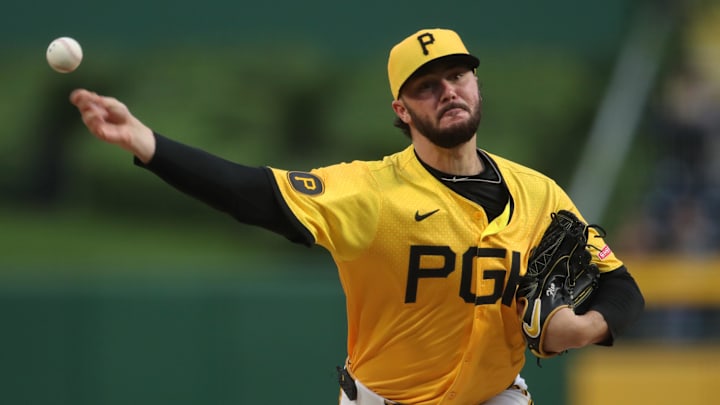 May 23, 2025; Pittsburgh, Pennsylvania, USA;  Pittsburgh Pirates starting pitcher Paul Skenes (30) pitches against the Milwaukee Brewers during the second inning at PNC Park. Mandatory Credit: Charles LeClaire-Imagn Images