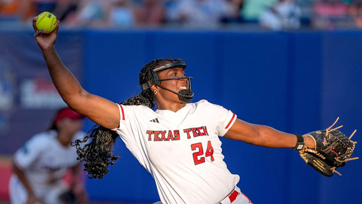 Texas Tech starting pitcher NiJaree Canady (24) pitches in the sixth inning during a softball game between Texas Tech and UCLA at the Women’s College World Series at Devon Park in Oklahoma City, on Saturday, May 31, 2025.