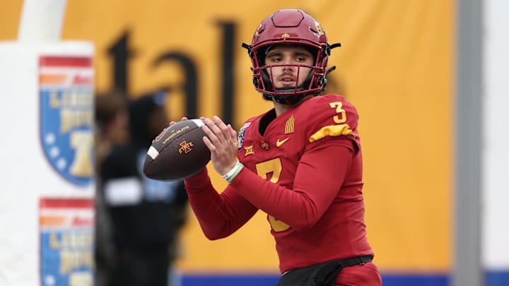 Dec 29, 2023; Memphis, TN, USA; Iowa State Cyclones quarterback Rocco Becht (3) passes the ball during warm ups prior to the game against the Memphis Tigers at Simmons Bank Liberty Stadium. Mandatory Credit: Petre Thomas-USA TODAY Sports