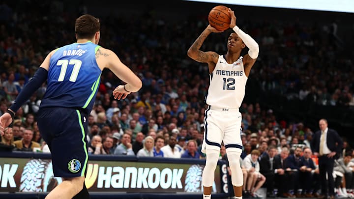 Mar 6, 2020; Dallas, Texas, USA; Memphis Grizzlies guard Ja Morant (12) shoots in the second quarter