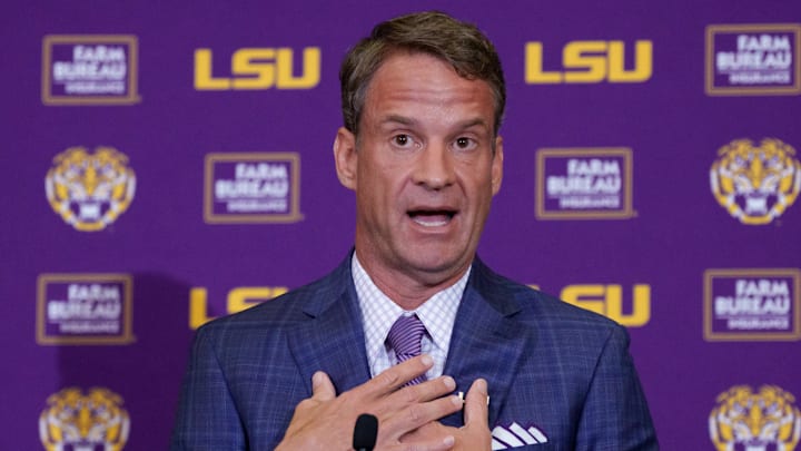Dec 1, 2025; Baton Rouge, LA, USA; LSU new head coach Lane Kiffin speaks at South Stadium Club at Tiger Stadium. Mandatory Credit: Matthew Hinton-Imagn Images Dec 1, 2025; Baton Rouge, LA, USA; LSU new head coach Lane Kiffin speaks at South Stadium Club at Tiger Stadium. Mandatory Credit: Matthew Hinton-Imagn Images