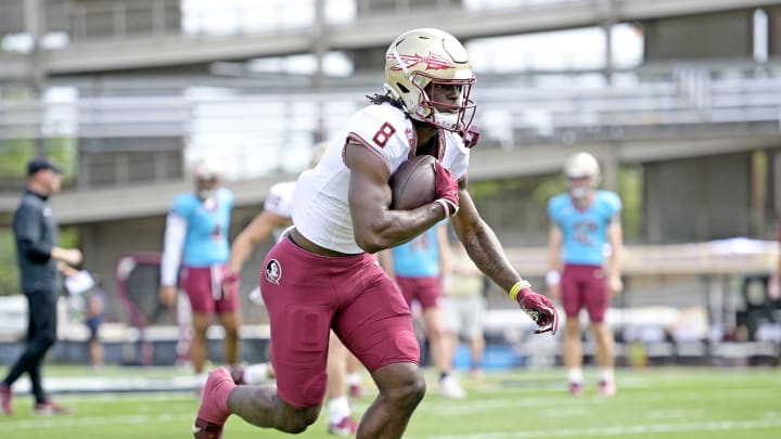 Apr 20, 2024; Tallahassee, Florida, USA; Florida State Seminoles wide receiver Hykeem Williams (8) runs the ball during the Spring Showcase at Doak S. Campbell Stadium. Mandatory Credit: Melina Myers-USA TODAY Sports Apr 20, 2024; Tallahassee, Florida, USA; Florida State Seminoles wide receiver Hykeem Williams (8) runs the ball during the Spring Showcase at Doak S. Campbell Stadium. Mandatory Credit: Melina Myers-USA TODAY Sports
