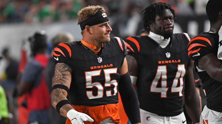 Aug 7, 2025; Philadelphia, Pennsylvania, USA; Cincinnati Bengals linebacker Logan Wilson (55) and linebacker Demetrius Knight Jr. (44) walk off the field at halftime against the Philadelphia Eagles at Lincoln Financial Field. Mandatory Credit: Eric Hartline-Imagn Images