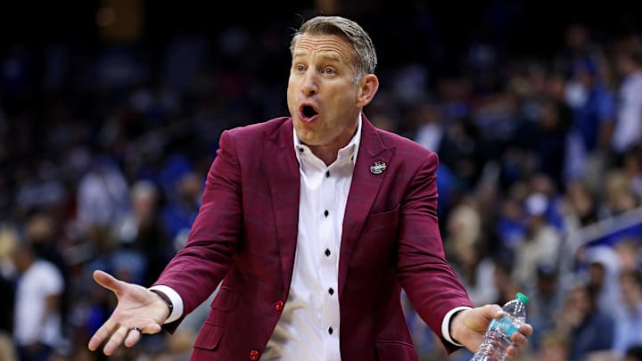 Mar 29, 2025; Newark, NJ, USA; Alabama Crimson Tide head coach Nate Oats reacts to a call during the first half against the Duke Blue Devils in the East Regional final of the 2025 NCAA tournament at Prudential Center. Mandatory Credit: Vincent Carchietta-Imagn Images