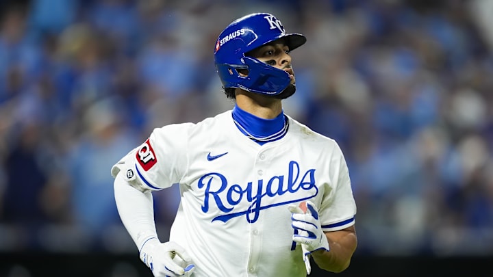 Oct 10, 2024; Kansas City, Missouri, USA; Kansas City Royals outfielder MJ Melendez (1) runs to first base during the fifth inning against the New York Yankees in game four of the ALDS for the 2024 MLB Playoffs at Kauffman Stadium. Mandatory Credit: Jay Biggerstaff-Imagn Images