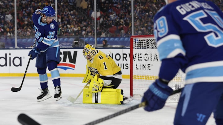 Feb 1, 2026; Tampa Bay, Florida, USA; Boston Bruins goaltender Jeremy Swayman (1) makes a save on the shot by Tampa Bay Lightning left wing Brandon Hagel (38) during the second period in the 2026 Stadium Series ice hockey game at Raymond James Stadium. Mandatory Credit: Kim Klement Neitzel-Imagn Images Feb 1, 2026; Tampa Bay, Florida, USA; Boston Bruins goaltender Jeremy Swayman (1) makes a save on the shot by Tampa Bay Lightning left wing Brandon Hagel (38) during the second period in the 2026 Stadium Series ice hockey game at Raymond James Stadium. Mandatory Credit: Kim Klement Neitzel-Imagn Images