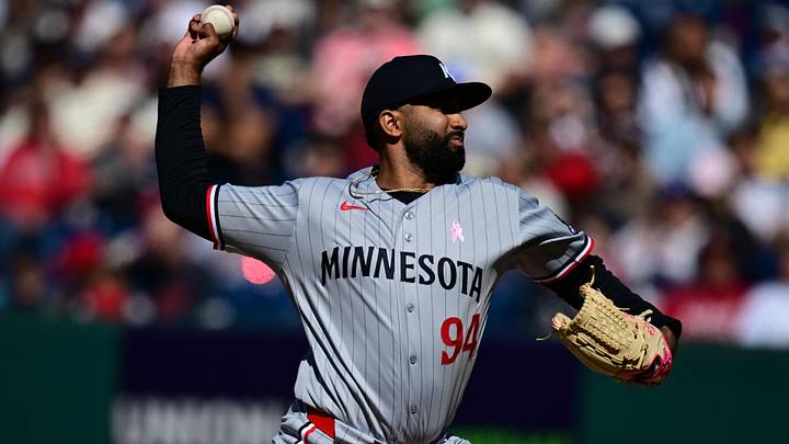 May 10, 2026; Cleveland, Ohio, USA; Minnesota Twins relief pitcher Yoendrys Gomes (94) throws a pitch during the ninth inning against the Cleveland Guardians at Progressive Field. 