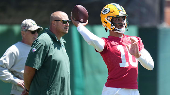 Green Bay Packers quarterback Jordan Love throws a pass during organized team activities