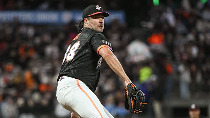 Apr 7, 2026; San Francisco, California, USA; San Francisco Giants pitcher Robbie Ray (38) throws a pitch against the Philadelphia Phillies during the fourth inning at Oracle Park. Mandatory Credit: Ed Szczepanski-Imagn Images