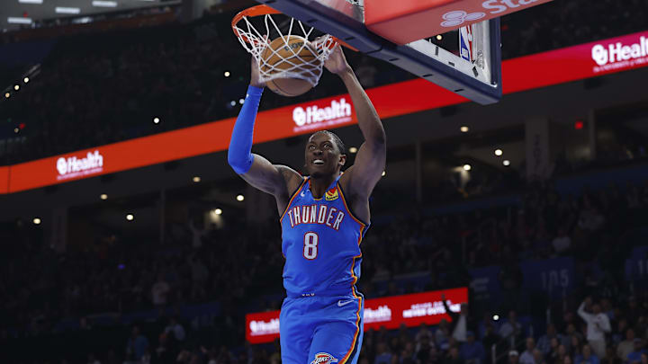 Dec 18, 2025; Oklahoma City, Oklahoma, USA; Oklahoma City Thunder guard Jalen Williams (8) dunks against the Los Angeles Clippers during the second quarter at Paycom Center. Mandatory Credit: Alonzo Adams-Imagn Images