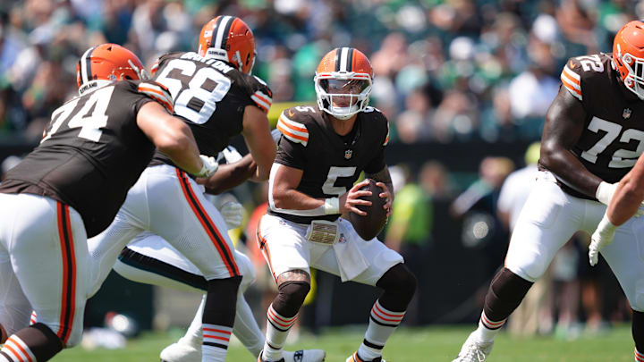 Aug 16, 2025; Philadelphia, Pennsylvania, USA; Cleveland Browns quarterback Dillon Gabriel (5) scrambles from the pocket against the Philadelphia Eagles in the first half at Lincoln Financial Field. Mandatory Credit: Kyle Ross-Imagn Images
