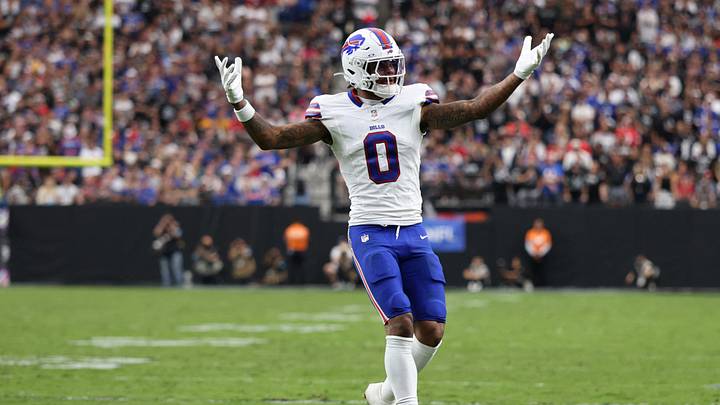 Oct 18, 2026; Paradise, Nevada, USA;  Buffalo Bills wide receiver Keon Coleman (0) reacts in the fourth quarter against the Las Vegas Raiders at Allegiant Stadium. 