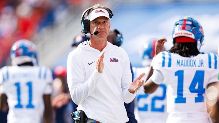 Sep 6, 2025; Lexington, Kentucky, USA; Mississippi Rebels head coach Lane Kiffin reacts after a play during the second quarter against the Kentucky Wildcats at Kroger Field. Mandatory Credit: Jordan Prather-Imagn Images