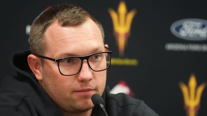Arizona State head football coach Kenny Dillingham speaks to the media during a news conference at Mountain America Stadium in Tempe on Oct. 20, 2025.