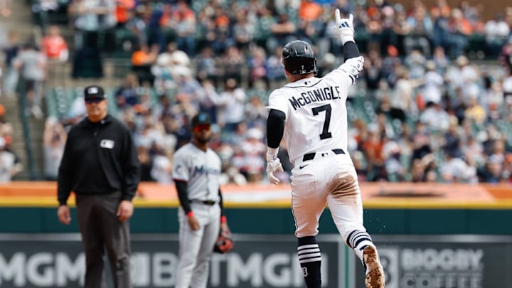 Apr 12, 2026; Detroit, Michigan, USA;  Detroit Tigers shortstop Kevin McGonigle (7) celebrates after he hits a home run in the fifth inning against the Miami Marlins at Comerica Park. Mandatory Credit: Rick Osentoski-Imagn Images